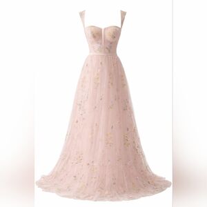Elegant Pink Floral Embroidered Tulle Gown